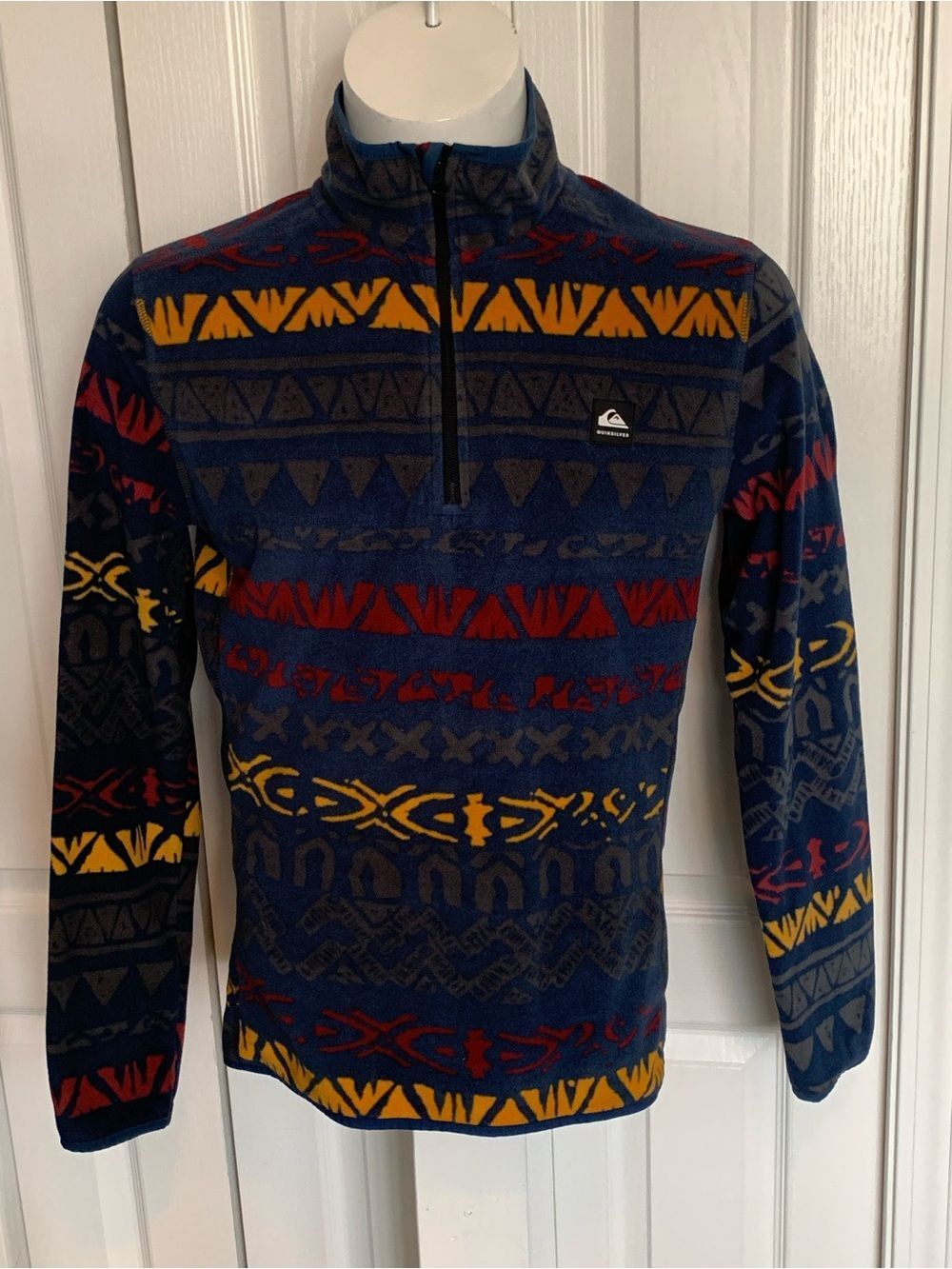 Quiksilver Men's Navy Zip-Up Sweater with Red & Yellow Geometric Stripes